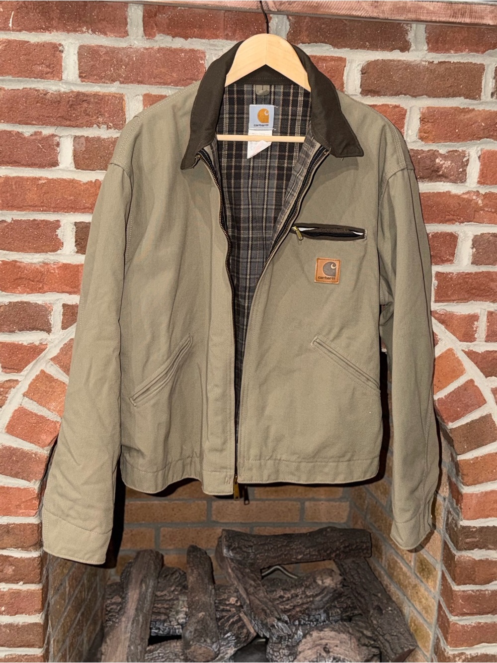 Vintage Carhartt Detroit Jacket Plaid Lined Tan Canvas- Size XL Made in the USA